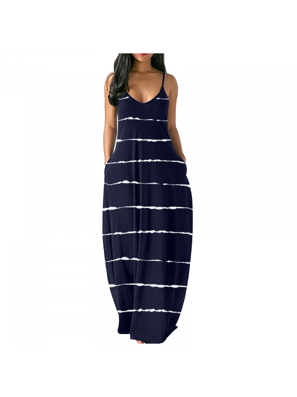 Womens Boho Stripe printing Cami Sundress Ladies Summer V Neck Beach Maxi Dress