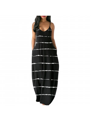 Womens Boho Stripe printing Cami Sundress Ladies Summer V Neck Beach Maxi Dress