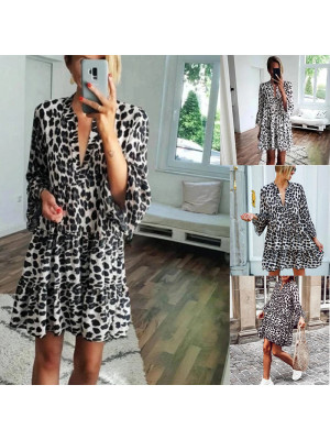 Womens V-Neck Dress Ladies Summer Holiday Leopard Print Mini Dresses Casual