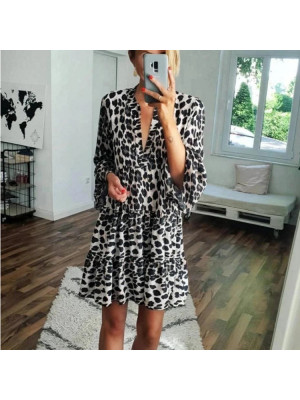 Womens V-Neck Dress Ladies Summer Holiday Leopard Print Mini Dresses Casual