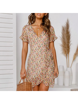 Womens Floral Print Ruffle Mini Summer Dress Ladies Holiday Dresses Sundress