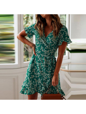 Womens Floral Print Ruffle Mini Summer Dress Ladies Holiday Dresses Sundress