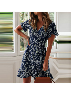 Womens Floral Print Ruffle Mini Summer Dress Ladies Holiday Dresses Sundress