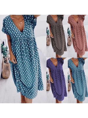 Womens Printing V Neck Maxi Long Dress Ladies Holiday Summer Casual Sundress