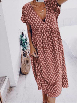 Womens Printing V Neck Maxi Long Dress Ladies Holiday Summer Casual Sundress