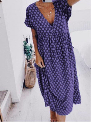 Womens Printing V Neck Maxi Long Dress Ladies Holiday Summer Casual Sundress