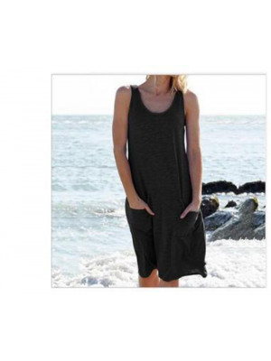 Women Boho Sleeveless Summer Dress Beach Loose Pocket Sundress Dresses Plus Size