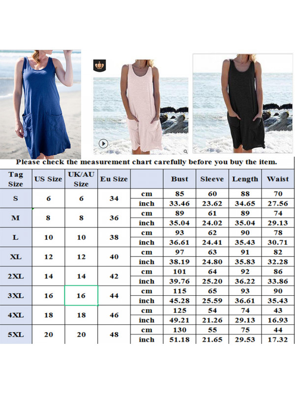 Women Boho Sleeveless Summer Dress Beach Loose Pocket Sundress Dresses Plus Size