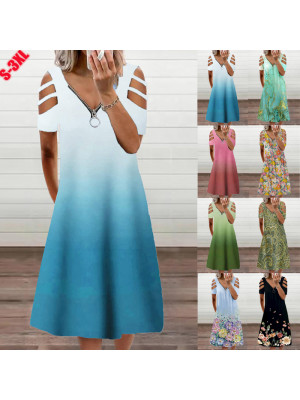 Women Summer Beach Flower Print Dress Holiday Cold Shoulder Zip V Neck Dresses