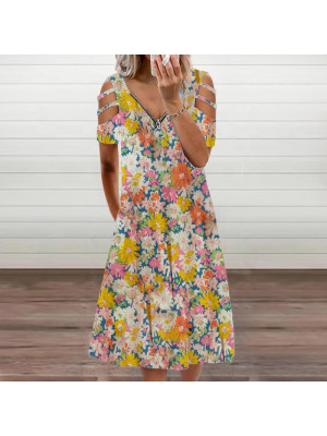 Women Summer Beach Flower Print Dress Holiday Cold Shoulder Zip V Neck Dresses