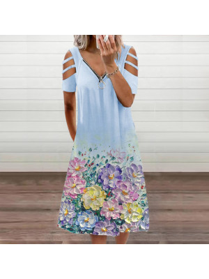 Women Summer Beach Flower Print Dress Holiday Cold Shoulder Zip V Neck Dresses