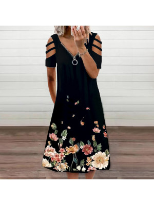 Women Summer Beach Flower Print Dress Holiday Cold Shoulder Zip V Neck Dresses