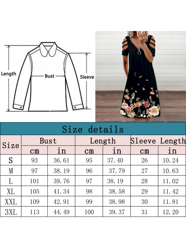 Women Summer Beach Flower Print Dress Holiday Cold Shoulder Zip V Neck Dresses