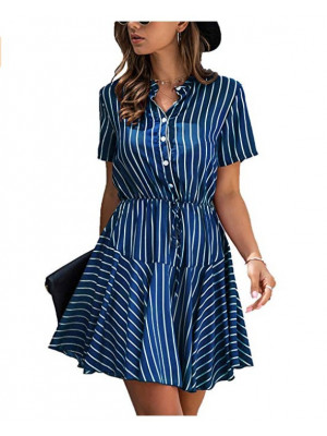 Womens Short Sleeve T Shirt Dress Printed Buttons V Neck Mini Dresses Summer