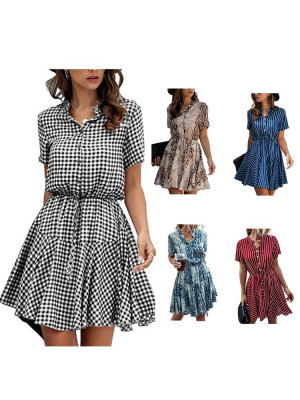 Womens Short Sleeve T Shirt Dress Printed Buttons V Neck Mini Dresses Summer