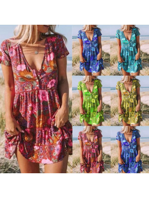 Womens V Neck Flower Printed Mini Dress Ladies Short Sleeve Party Summer Dresses