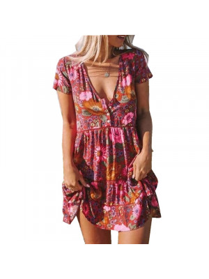 Womens V Neck Flower Printed Mini Dress Ladies Short Sleeve Party Summer Dresses