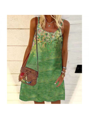 Womens Round Neck Sleeveless Printed Dress Summer Beach Casual Loose Sundress