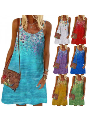 Womens Round Neck Sleeveless Printed Dress Summer Beach Casual Loose Sundress