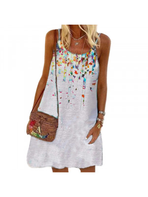 Womens Round Neck Sleeveless Printed Dress Summer Beach Casual Loose Sundress