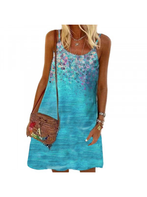 Womens Round Neck Sleeveless Printed Dress Summer Beach Casual Loose Sundress