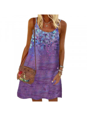 Womens Round Neck Sleeveless Printed Dress Summer Beach Casual Loose Sundress