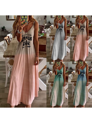 Women's Sexy Slim Letter Print Dresses Ladies Summer Beach Maxi Dress Plus Size