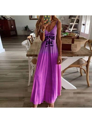 Women's Sexy Slim Letter Print Dresses Ladies Summer Beach Maxi Dress Plus Size