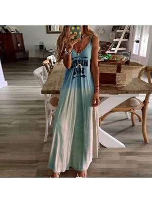 Women's Sexy Slim Letter Print Dresses Ladies Summer Beach Maxi Dress Plus Size