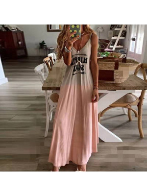 Women's Sexy Slim Letter Print Dresses Ladies Summer Beach Maxi Dress Plus Size