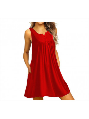 Womens Summer Sleeveless V Neck Button Beach Holiday Sundress Casual Mini Dress