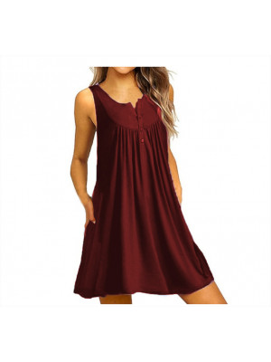 Womens Summer Sleeveless V Neck Button Beach Holiday Sundress Casual Mini Dress