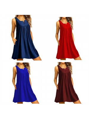 Womens Summer Sleeveless V Neck Button Beach Holiday Sundress Casual Mini Dress