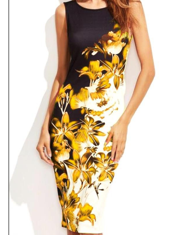 Womens Digital Print Dress Ladies Summer Sleeveless Round Neck Dresses Plus Slim