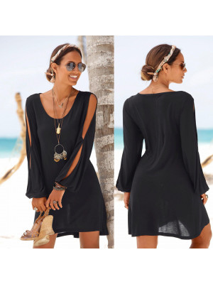 Women's V-neck Strapless Long Sleeve Casual Loose Beach Dress Holiday Dresses