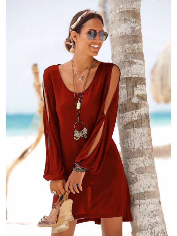 Women's V-neck Strapless Long Sleeve Casual Loose Beach Dress Holiday Dresses