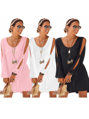 Women's V-neck Strapless Long Sleeve Casual Loose Beach Dress Holiday Dresses