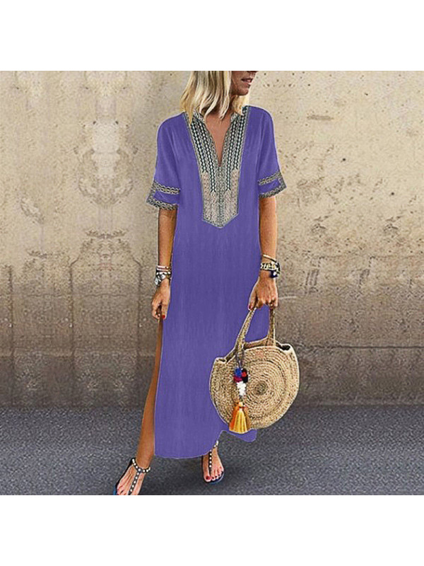 Womens V-Neck Printing Midi Dress Short Sleeve Summer Beach Casual Sundress Long