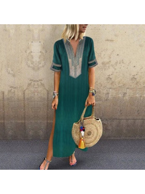 Womens V-Neck Printing Midi Dress Short Sleeve Summer Beach Casual Sundress Long