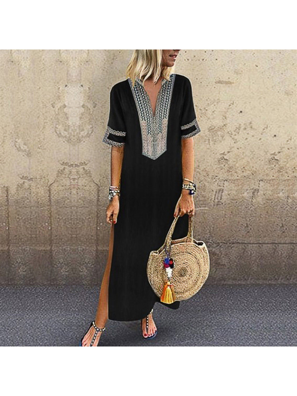 Womens V-Neck Printing Midi Dress Short Sleeve Summer Beach Casual Sundress Long