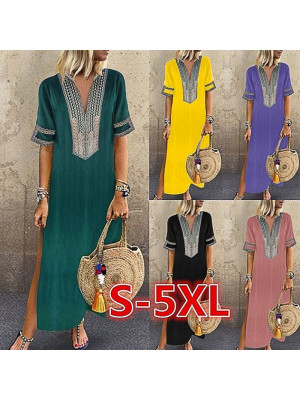 Womens V-Neck Printing Midi Dress Short Sleeve Summer Beach Casual Sundress Long