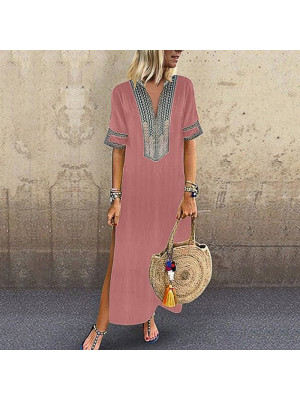 Womens V-Neck Printing Midi Dress Short Sleeve Summer Beach Casual Sundress Long