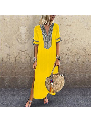 Womens V-Neck Printing Midi Dress Short Sleeve Summer Beach Casual Sundress Long