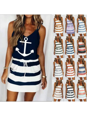 Womens Summer Striped Mini Dress Ladies Sleeveless Casual Sling Dresses Holiday