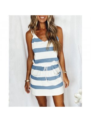 Womens Summer Striped Mini Dress Ladies Sleeveless Casual Sling Dresses Holiday