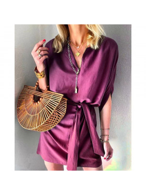 Womens Half Sleeve V-neck Ladies Dress Summer Beach Casual Drawstring Dresses