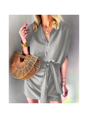 Womens Half Sleeve V-neck Ladies Dress Summer Beach Casual Drawstring Dresses