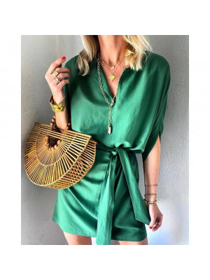 Womens Half Sleeve V-neck Ladies Dress Summer Beach Casual Drawstring Dresses