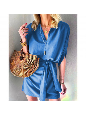 Womens Half Sleeve V-neck Ladies Dress Summer Beach Casual Drawstring Dresses