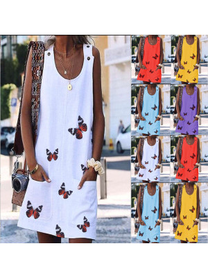 Womens Summer Butterfly Print Dress Casual Dresses Ladies Holiday Beach Sundress